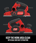 Electric Handheld Planer With 6 Amp Motor For Fast Smooth Planing In Wood Plastics And Composites Including Cabinets Trim And Doors Eleven Point Five Inch Aluminum Shoe Dual Dust Extraction For Cleaner Surfaces And Reduced Mess Ideal For Soft And Hard, side view showing dual dust extraction ports