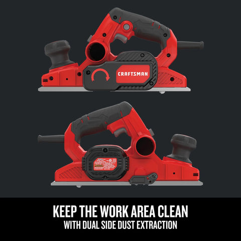 Electric Handheld Planer With 6 Amp Motor For Fast Smooth Planing In Wood Plastics And Composites Including Cabinets Trim And Doors Eleven Point Five Inch Aluminum Shoe Dual Dust Extraction For Cleaner Surfaces And Reduced Mess Ideal For Soft And Hard, side view showing dual dust extraction ports