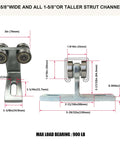Dimensions of ✝️ Electric Hoist Installation Roller Trolley 4 Wheel Trolley Assembly Silent for use with 1-5/8" Wide and All 1-5/8" or Taller Strut Channel (Silver 2), showing width and height measurements.