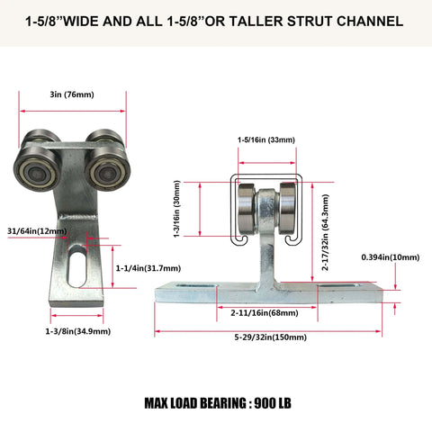 Dimensions of ✝️ Electric Hoist Installation Roller Trolley 4 Wheel Trolley Assembly Silent for use with 1-5/8" Wide and All 1-5/8" or Taller Strut Channel (Silver 2), showing width and height measurements.