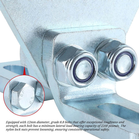 Close-up view of galvanized steel bolts on the efficient electric hoist trolley with six wheels for smooth garage lifts