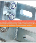Close-up of galvanized steel electric hoist trolley, highlighting six-wheel design for smooth garage lifts on strut channels.