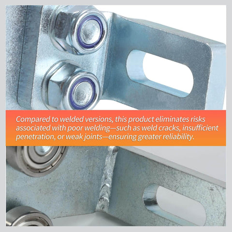 Close-up of galvanized steel electric hoist trolley, highlighting six-wheel design for smooth garage lifts on strut channels.