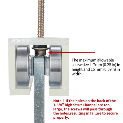 Efficient electric hoist trolley with six wheels for smooth garage lifts on 1-5/8 inch strut channel side view