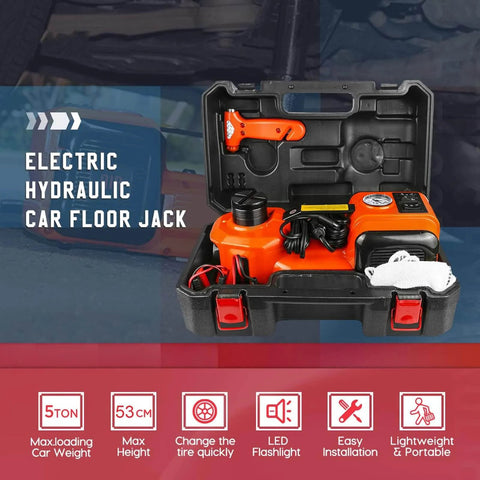 Electric Car Jack Kit With Hydraulic Lift And Dual Power Mode, Bright LED Light, And Built In Tire Inflation for quick lift.