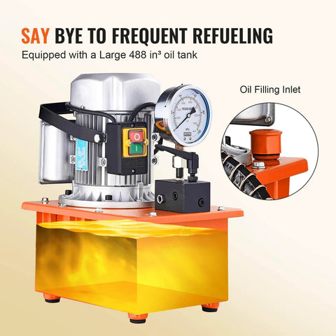 Electric Hydraulic Pump, 10000 PSI 750W 110V shown with large 488 in³ oil tank, single acting manual valve, and lever switch.