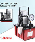 HinLIaDa 10000PSI Electric Hydraulic Pump, 750W 110V Single Acting Hydraulic Driven Pump 7L Solenoid Pedal Hydraulic Power Pack Cylinder Hydraulic Pump Manual Valve Controls Return Oil (red) image showing front view with gauge and handle