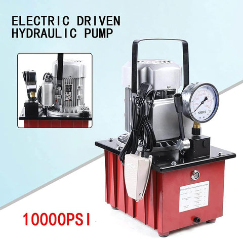 HinLIaDa 10000PSI Electric Hydraulic Pump, 750W 110V Single Acting Hydraulic Driven Pump 7L Solenoid Pedal Hydraulic Power Pack Cylinder Hydraulic Pump Manual Valve Controls Return Oil (red) image showing front view with gauge and handle