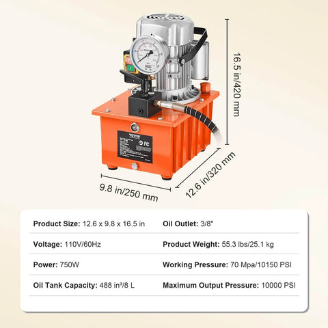 Front view of Electric Hydraulic Pump, 10000 PSI 750W 110V, 488 in³/8L Capacity, showing size and specifications