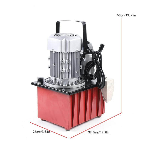 HinLIaDa 10000PSI Electric Hydraulic Pump, 750W 110V Single Acting Hydraulic Driven Pump 7L Solenoid Pedal Hydraulic Power Pack Cylinder Hydraulic Pump Manual Valve Controls Return Oil (red) with dimensions visible