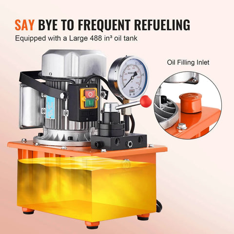 10000 PSI 750W 110V 488 in³/8L Capacity, Double Acting Manual Valve, Electric Driven Hydraulic Pump Power Pack Unit, Orange