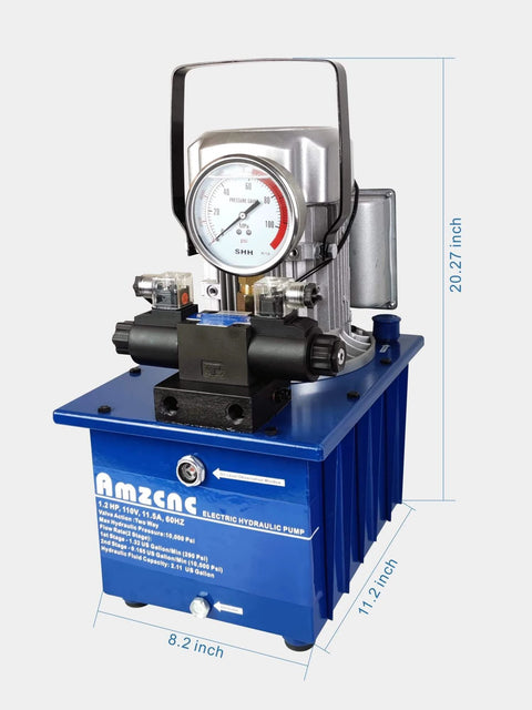 Front view of AMZCNC Two Way Electric Hydraulic Pump 10,000 PSI, 110-120V Power Pack, 2-Stage Double Acting Pump with Quick Coupler