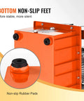 Close-up of Electric Hydraulic Pump's non-slip rubber feet, 10000 PSI 750W 110V, 488 in³/8L capacity, orange aluminum casing
