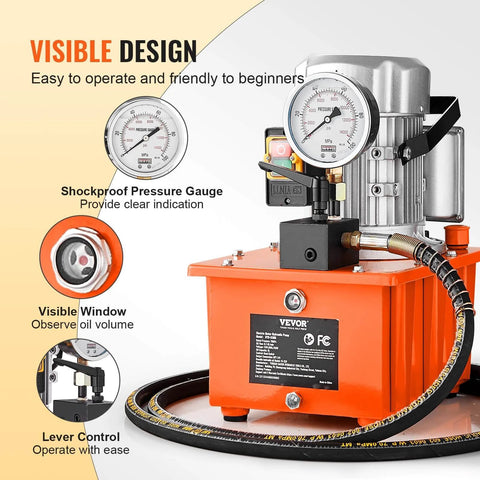 Electric Hydraulic Pump, 10000 PSI 750W 110V, 488 in³/8L Capacity, showcasing pressure gauge and lever control.
