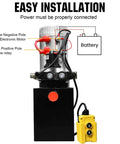 Front view of heavy duty electric hydraulic pump unit with metal reservoir, easy installation guide, 12V motor, and control switch.