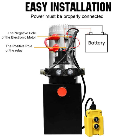 Front view of heavy duty electric hydraulic pump unit with metal reservoir, easy installation guide, 12V motor, and control switch.
