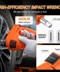 Close-up of impact wrench from 5-Ton Electric Car Jack Kit with Hydraulic Lift, Tire Inflator, and Impact Wrench in use
