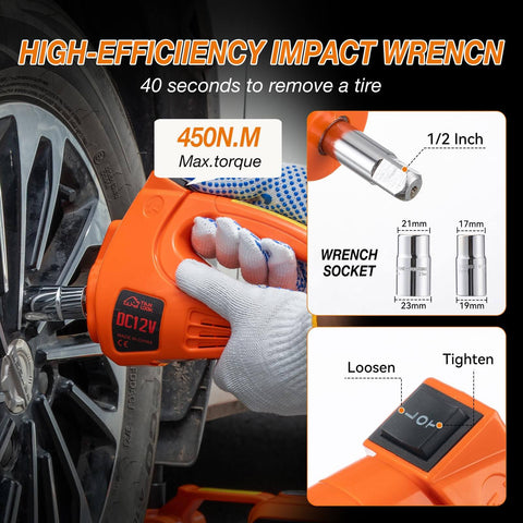 Close-up of impact wrench from 5-Ton Electric Car Jack Kit with Hydraulic Lift, Tire Inflator, and Impact Wrench in use