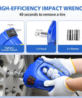 High-efficiency impact wrench from the Powerful 5 Ton 12V Electric Car Jack Kit With Built In Inflator And Impact Wrench Heavy Duty Hydraulic Floor Jack For SUV Sedan Truck Lifts Vehicles Fast In Minutes Complete Auto Repair Tool Set In Durable Blue, being used on a tire.