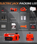 5 Ton Electric Car Jack Kit With 12V Hydraulic Floor Jack Built In Impact Wrench And Tire Inflator LED Light Quick Lift shown with components including battery clip, spanner, and more.