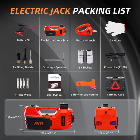 5 Ton Electric Car Jack Kit With 12V Hydraulic Floor Jack Built In Impact Wrench And Tire Inflator LED Light Quick Lift shown with components including battery clip, spanner, and more.