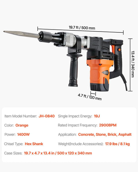 Demolition Hammer 1400W Electric Jack Hammer Heavy Duty Concrete Breaker 2900 BPM Includes Two Chisels Case And Gloves