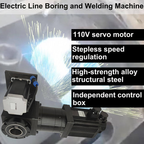 Workhorse Portable Line Boring And Welding Machine Bore Welder Kit With 3mm Infeed Depth On One Side For Excavator Crane And Loader Repair 110V XTD50 Servo Boring Equipment For A3 Steel shown with electric motor and sparks in background