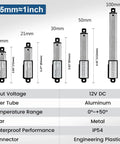 Mini Electric Linear Actuator Stroke 2"–Force 4.5 lbs–12V specifications and size comparison chart