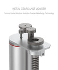 Electric linear actuator with mounting bracket; silver metal, 250mm stroke, top gear train visible
