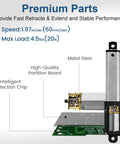 Diagram of Mini Electric Linear Actuator Stroke 2"–Force 4.5 lbs–12V with labeled metal gear, protection chip, and speed details.
