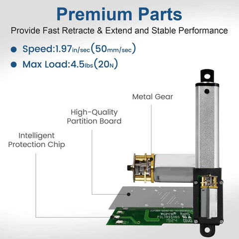 Diagram of Mini Electric Linear Actuator Stroke 2"–Force 4.5 lbs–12V with labeled metal gear, protection chip, and speed details.