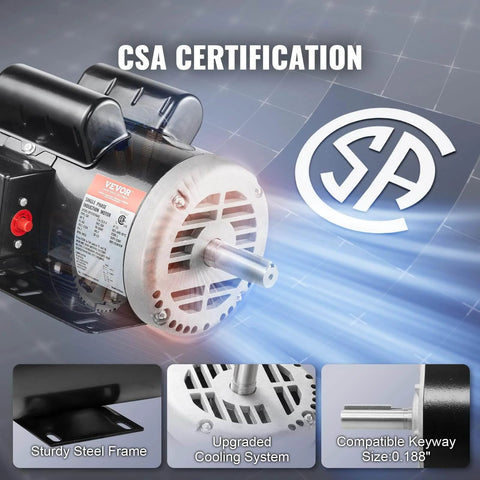 5HP Air Compressor Electric Motor, 230V 25 Amps, 56HZ Frame 3450RPM, 7/8" Keyed Shaft, 2.25" Shaft Length, Single Phase, CCW/CW