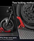 Heavy Duty Electric Dirt Bike Wheel Chock and Trailer Stand 1800 Lb Capacity Universal 8 To 21 Inch Wheel shown on bike