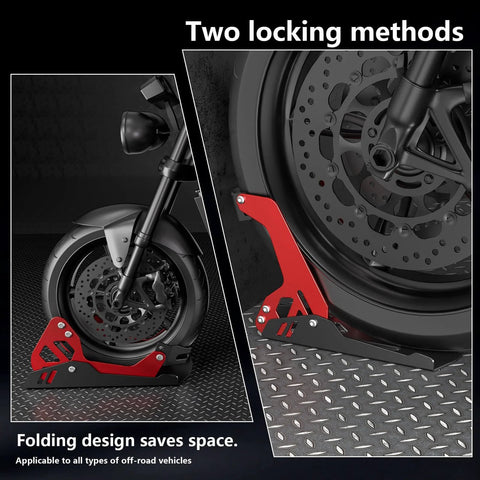 Heavy Duty Electric Dirt Bike Wheel Chock and Trailer Stand 1800 Lb Capacity Universal 8 To 21 Inch Wheel shown on bike