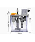 Front view of electric intermittent lubrication pump for CNC machines and lathes, automatic oil pump lubricator for milling machines, 220V 1 piece, transparent casing with measurements.