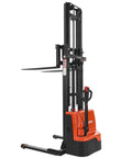 Electric Pallet Stacker That Handles 3300 Lb Loads Like Boss, 130 Inch Lift Height, Straddle Legs and Forks, Orange and Black