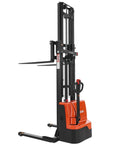 Electric Pallet Stacker That Handles 3300 Lb Loads Like Boss, 130 Inch Lift Height, Straddle Legs and Forks, Carbon Steel