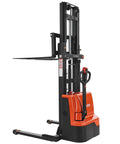 Side view of Powerful Fully Electric Pallet Stacker That Handles Up To 3300 Lbs Like A Boss, Lifts Up To 98.4 Inches, Straddle Legs.