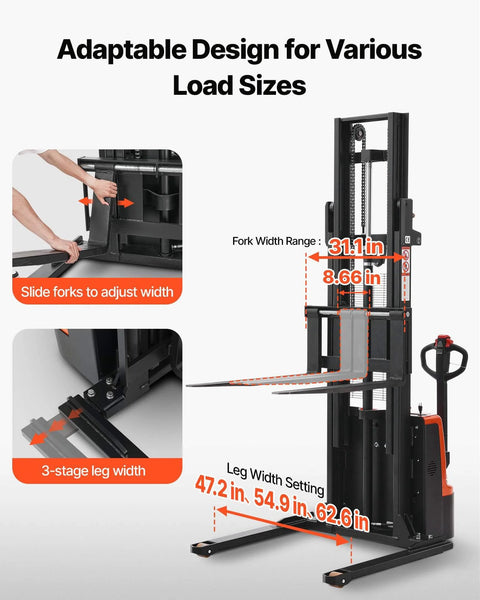 Electric Pallet Stacker That Handles 3300 Lb Loads Like Boss, 130 Inch Lift Height, showing adjustable forks and straddle legs