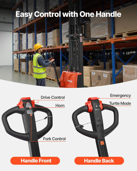 A worker operates an Electric Pallet Stacker That Handles 3300 Lb Loads Like Boss, 130 Inch Lift Height in a warehouse.