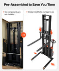 Electric Pallet Stacker That Handles 3300 Lb Loads Like Boss, 130 Inch Lift Height, Straddle Legs and Forks, pre-assembled view
