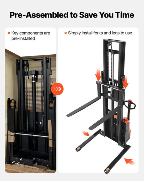 Electric Pallet Stacker That Handles 3300 Lb Loads Like Boss, 130 Inch Lift Height, Straddle Legs and Forks, pre-assembled view