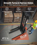 Powerful Fully Electric Pallet Stacker That Handles Up To 3300 Lbs Like A Boss, Lifts Up To 98.4 Inches, Straddle Legs And Forks For Easy Pallet Handling, Adjustable Fork Width From 8.66 To 31.1 Inches, 2.2KW Motor, Orange And Black By VEVOR shown maneuvering in warehouse with worker.