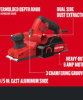 Electric Handheld Planer With 6 Amp Motor For Fast Smooth Planing In Wood Plastics And Composites Including Cabinets Trim And Doors Eleven Point Five Inch Aluminum Shoe Dual Dust Extraction For Cleaner Surfaces And Reduced Mess Ideal For Soft And Hard