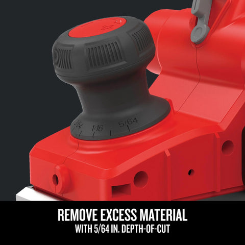 Close-up of depth adjustment knob on Electric Handheld Planer With 6 Amp Motor For Fast Smooth Planing In Wood Plastics And Composites