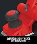 Close-up of Electric Handheld Planer with 6 Amp motor showing overmolded depth knob and 11.5 inch aluminum shoe.