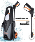 1300 PSI Electric Pressure Washer With Aluminum Pump 135 Bar for Cars Patio and Outdoor Cleaning, showing growable spray gun and connection.