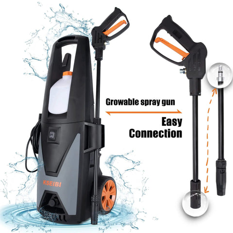 1300 PSI Electric Pressure Washer With Aluminum Pump 135 Bar for Cars Patio and Outdoor Cleaning, showing growable spray gun and connection.