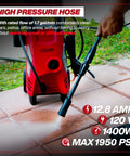 Person using Electric Pressure Washer 1950 PSI 1.45 GPM With Adjustable Nozzle for patio cleaning, highlighting 12.8 Amp motor