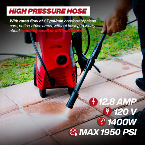 Person using Electric Pressure Washer 1950 PSI 1.45 GPM With Adjustable Nozzle for patio cleaning, highlighting 12.8 Amp motor